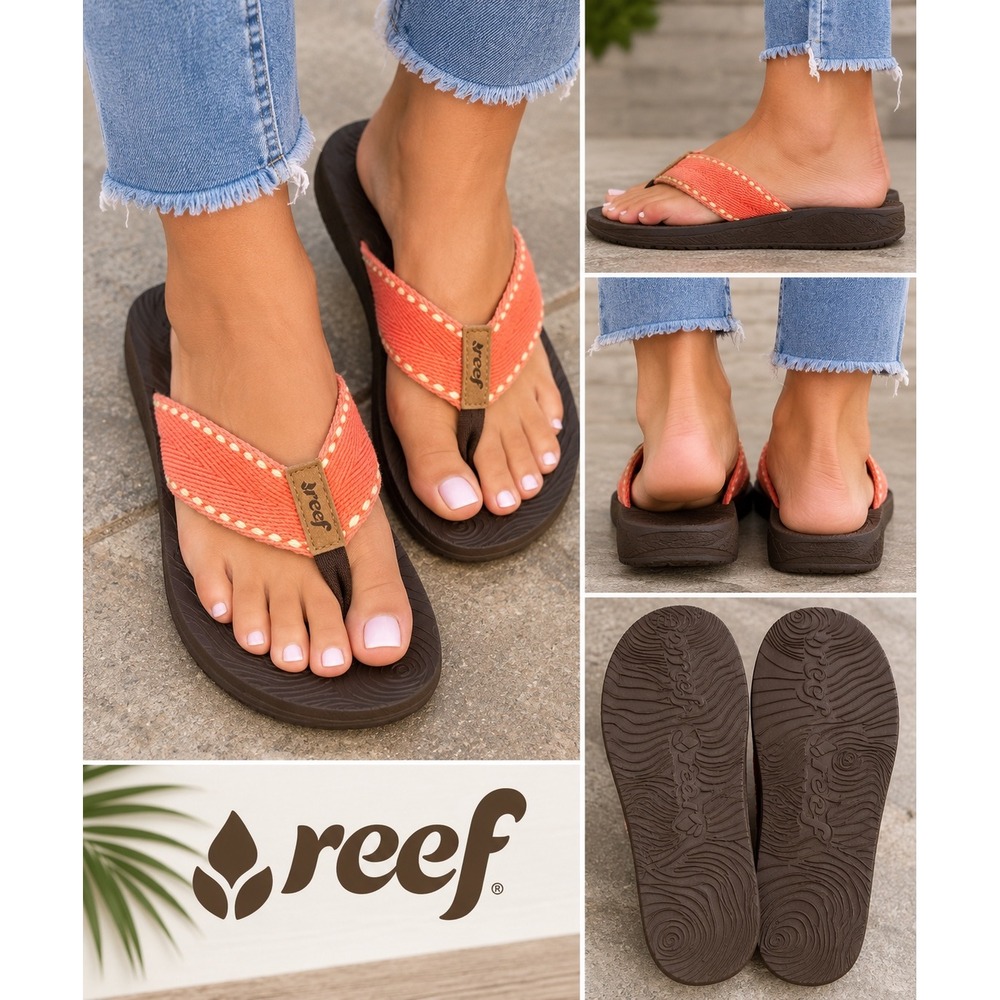 Reef Womens Flip Flop Sandals Coral Orange Woven Straps Brown Footbed Size 8
